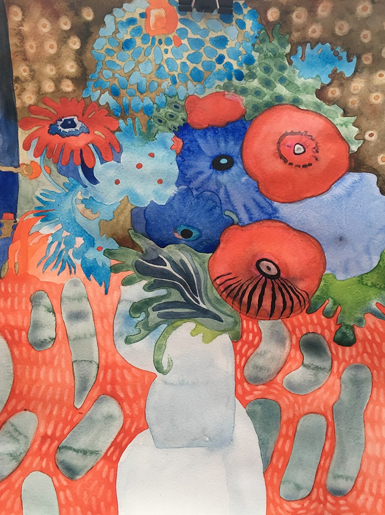 Peinture aquarelle bouquet de fleur fantasmagorique art contemporain Petronille Remaury artiste femme peintre plasticienne Essonne écologie art engagé éco-artiste